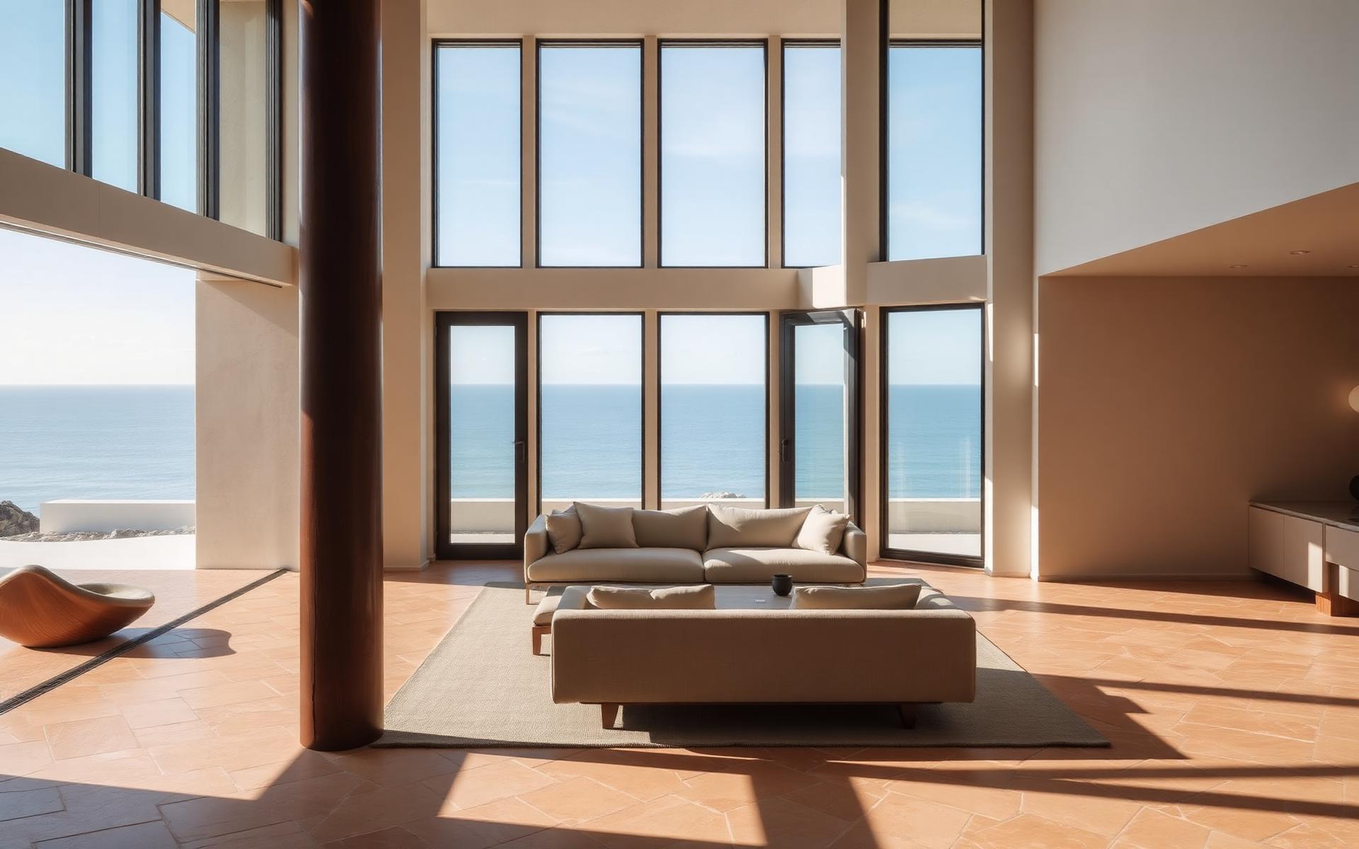 Interior of a modernist villa opening to the ocean